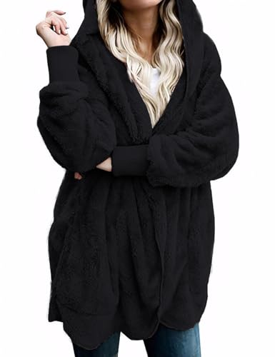 Zilcremo Women Hooded Cardigan Open Front Fuzzy Jacket - color: Black, size: Small