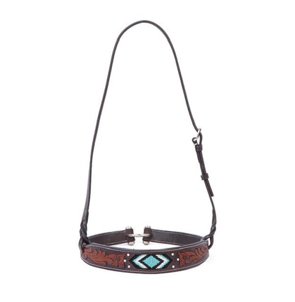 SIE Turquoise Beaded Floral Carved Leather Tie-Down Noseband for Horses, Western Tack - size: Full, style: Noseband