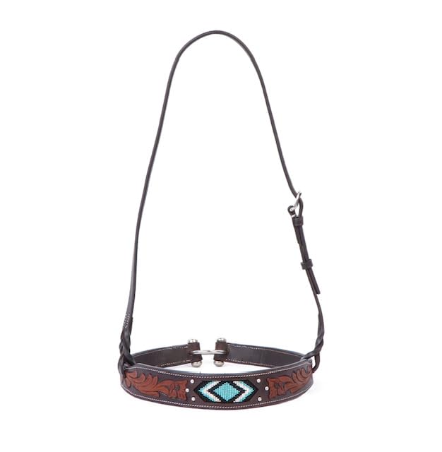 SIE Turquoise Beaded Floral Carved Leather Tie-Down Noseband for Horses, Western Tack - size: Pony, style: Noseband