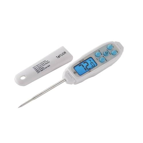 Taylor Digital Waterproof Meat Thermometer for Kitchen, Grill & BBQ, Blue Backlit Display, Narrow Step-Down Probe, Hold Function, NSF Certified, White - color: White