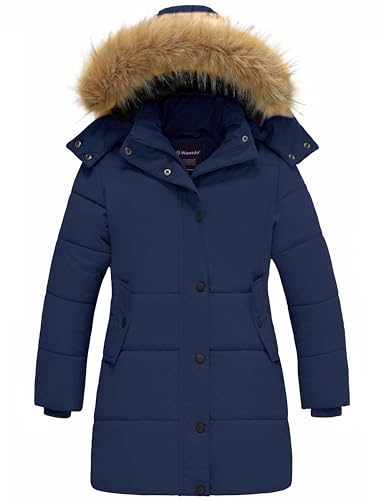 wantdo Girls' Waterproof Winter Coat Long Puffer Jacket Warm Parka Hooded - color: Navy, size: 6-7