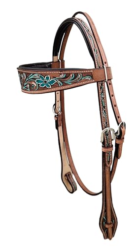 Majestic Ally Tooled Leather Western Headstall & Breast Collar Set – Handcrafted Leather, Classic Western Tack, Multiple Styles & Designs - style: 1008-TRQ