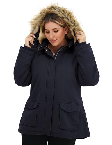 Soularge Women's Winter Plus Size Sherpa Lined Jacket with Hood | Women's Plus Size Workwear Fit,100% Cotton Outer Shell,Soft Fleece Lining,Windproof Stand Collar - color: Navy, size: 2X