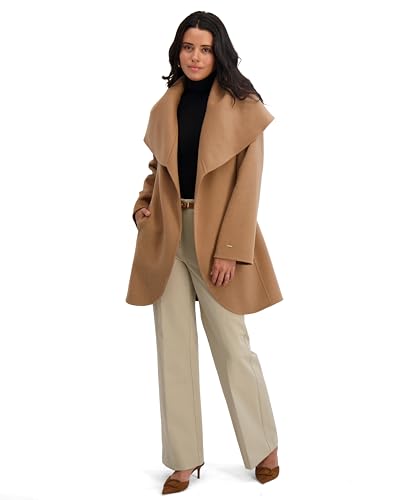TAHARI Womens Double-faced Luxury Soft Wool Blend Peacoat Removable Belt Wool Coat Oversized Collar - color: Camel, size: X-Small