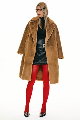 Orolay Women's Fuzzy Fleece Winter Jacket Faux Fur Lapel Coat Mid-Length Sherpa Teddy Coat - color: Khaki, size: X-Small