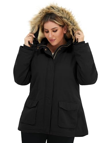 Soularge Women's Winter Plus Size Sherpa Lined Jacket with Hood | Women's Plus Size Workwear Fit,100% Cotton Outer Shell,Soft Fleece Lining,Windproof Stand Collar - color: Black, size: 4X