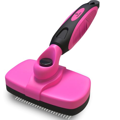 Deshedding Dog Brush for Shedding – Self Clean Cat Brush Deshedding & Grooming Tool for Long Haired and Short Haired Dogs, Slicker Brushes for Dogs, Skin-Friendly, Retractable Bristles, Easy to Clean - color: Pink