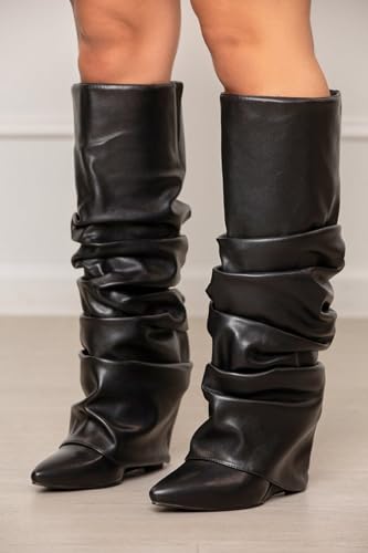 Yishaweiqi Slouched Ruched Fold Over Boots for Women Covered Wedge Heel Patent Leather Knee High Boots Wide Calf Pointed Toe Casual Boots - color: Black Pu Leather, size: 6