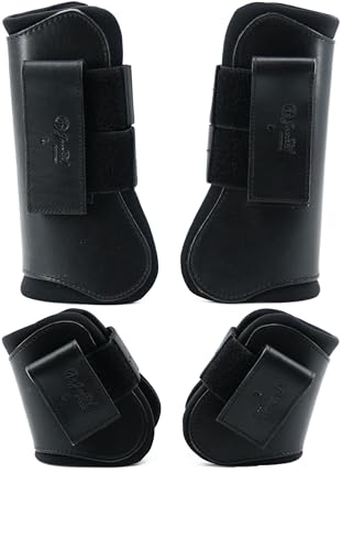 Jeereal Horse Tendon Brushing Boots Open Front & Fetlock Boot | Protective Gear and Training Equipment |Neoprene,Breathable Waterproof Fabric and Genuine Leather | 4 Set - color: Black, size: Cob (Medium)