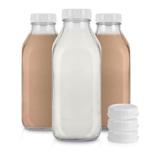 Stock Your Home Liter Glass Milk Bottle with Lid (3 Pack) 32 Oz Jugs and 6 White Caps, Reusable Food Grade Milk Container for Refrigerator, Bottles for Juice, Oat or Plant Milks, Water, Honey - size: 32 oz