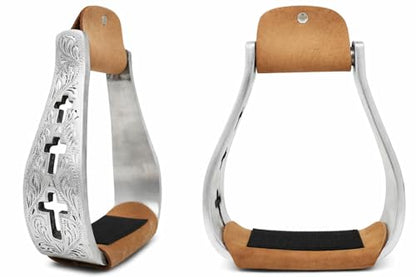 CHALLENGER Western Show Horse Saddle Stirrups Aluminum Leather Tread Cross Engraved 5145v - color: Aluminium Stirrup with genuine Leather Tread