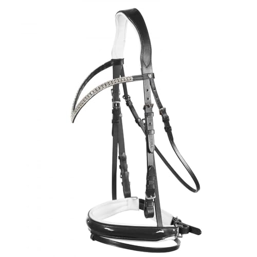 HORZE Grayson Classic Leather Ergonomic Snaffle Dressage Bridle with Detachable Flash - color: Black/White, size: Cob