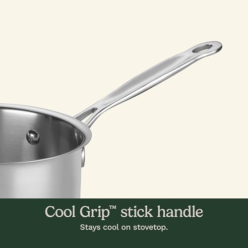 Cuisinart 1.5 Quart Sauce Pan with Cover, Stainless Steel Pot with Lid, Small Kitchen Pots, Dishwasher Safe, Compatible with Induction, Electric, Gas Cooktops, Oven Safe Saucepan, Cool Grip Handles | Stainless steel saucepan with aluminum encapsulated bas