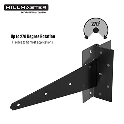 HILLMASTER 12 Inch T-Strap Heavy Duty Shed Door Hinges Gate Strap Hinges Black Tee Hinge Wrought Hardware for Wooden Fences,Yard,Barn Door,Rustproof (2 Pack) - size: 12in 2 Pack