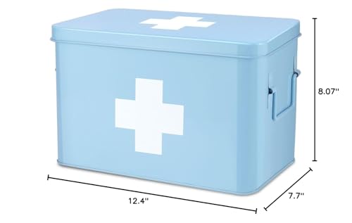 Flexzion Large Metal First Aid Box Empty, 13-Inch, Blue with White Cross - color: Blue, size: 13 Inch without Latch Lock