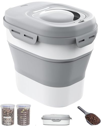 30-35 Lbs Dog Food Storage Container Collapsible Dog Food Container | Large Pet Food Storage with Airtight Lids,Wheels,Scoop and 2Pcs Food Storage Containers,Keep Food Fresh for Dog,Cat - color: Light Grey