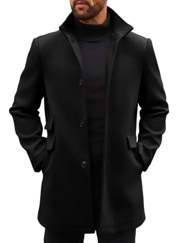Runcati Mens Pea Coat Single Breasted Mid Long Trench Coat Overcoat | Slim Fit, Stand Collar, Fall Winter, Jacket, Pocket, Warm, Casual, Dress, Business, Christmas Gift - color: Black, size: Medium