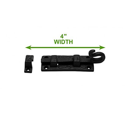 Renovators Supply Manufacturing Door Lock Latch 4 in. Black Wrought Iron Pig Tail Tip Styled Offset Slide Bolt Latch with Mounting Hardware - size: Pack of 1, style: 4 inch – Block Mount Curled Tail