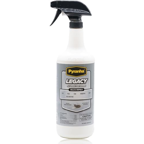 PYRANHA Legacy Fly Spray for Horses - Water-Based Long Lasting Fly Control Repels Horn, Deer, Horse, House, Stable, & Face Flies, Ticks, Mites, Mosquitoes, Gnats & Lice, 1 Quart - size: 1 Quart