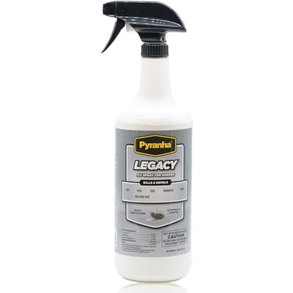 PYRANHA Legacy Fly Spray for Horses - Water-Based Long Lasting Fly Control Repels Horn, Deer, Horse, House, Stable, & Face Flies, Ticks, Mites, Mosquitoes, Gnats & Lice, 1 Quart - size: 1 Quart