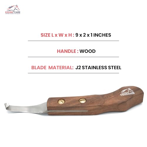 Equine Care Right-Handed Farrier Hoof Knife, Sheesham Wood Handle | Farrier hoof knife with genuine Sheesham wood handle; curved J2 stainless steel blade; brass screws; RH or LH - style: Right Handed