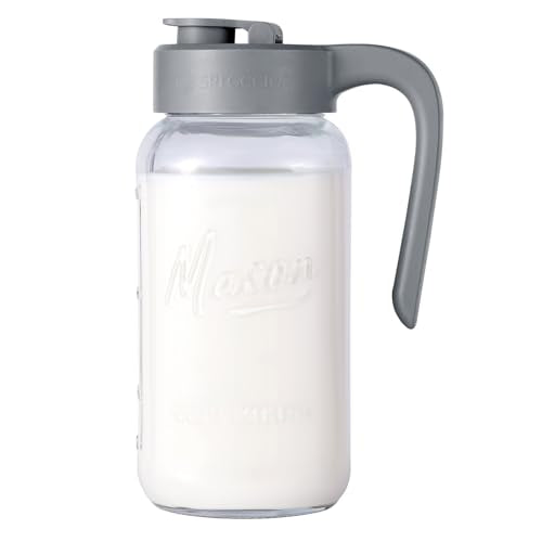 Mason Jar Pitcher, 64 oz (2 quart), Glass Pitcher with Lid | Airtight, Leak proof, Ergonomic Handle, Pour Spout Lid, Fridge Safe, for Sun Tea, Iced Tea, Cold Brew, Lemonade, Outside - color: Gray