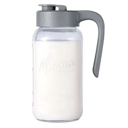 Mason Jar Pitcher, 64 oz (2 quart), Glass Pitcher with Lid | Airtight, Leak proof, Ergonomic Handle, Pour Spout Lid, Fridge Safe, for Sun Tea, Iced Tea, Cold Brew, Lemonade, Outside - color: Gray