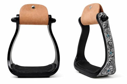 CHALLENGER Horse Western Black Engraved Rhinestone Barrel Racing Aluminum Show Stirrups 51179v - color: Black/Turquoise, size: 4-3/4" Width, 4-3/4" Height