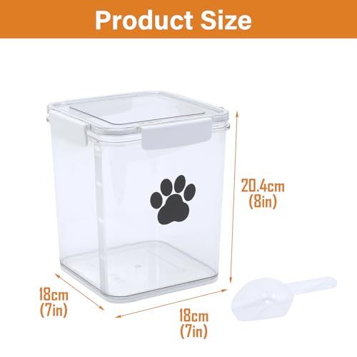 4L Dog Food Storage Container,Airtight Pet Food Storage Containers with Buckle-Lock Lids & Spoon,Plastic Cat Food Bin BPA Free,Dog Treat Container for Dog, Cat, Bird Seed - Bright White