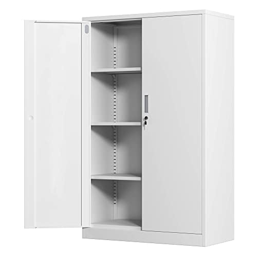 Metal Storage Cabinet with Locking Doors and 3 Adjustable Shelves, 53.5-Inch Lockable Storage Cabinets for Home Office Garage Kitchen Pantry (White) - color: White, size: 53.5"H
