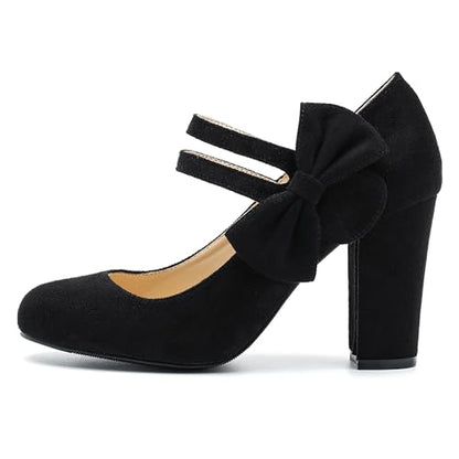 fereshte Women's Mary Jane Pumps with Bow, Double Strap, 3.54 Inch Chunky Block Heel Dress Shoes - color: Black Suede, size: 8