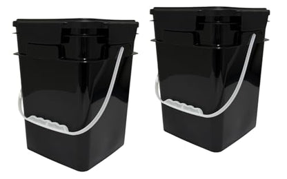 House Naturals 4 Gallon Square Food Grade Plastic Bucket with Lid, Made in USA (Pack of 2) BPA Free (Black) - color: Black