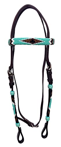 Western Horse Headstall Standard Size – Adjustable Hand Braided Genuine Leather Bridle with Rawhide Knotting, Stitched Accents & Multicolor Beads, Western Riding Tack, Light Brown