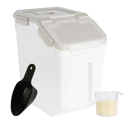 Rice Container 25 lbs Large Bulk Flour Sugar Storage Holdhouse Plastic Grain Cereal Dry Goods Bin with Spoon and Measuring Cup for Kitchen Pantry Organization - Grey - color: Grey