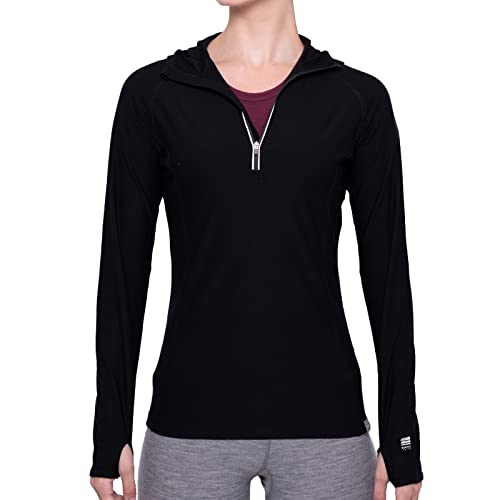 MERIWOOL Women’s Base Layer Hoodie Lightweight Merino Wool Long Sleeve Thermal - color: Black, size: Medium