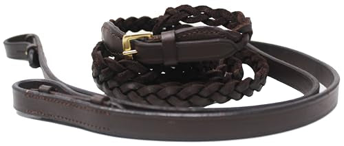 CHALLENGER 54" Full Horse English Braided Black Leather Reins 805LR01BK - color: Brown/Brass