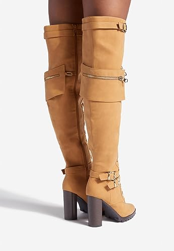 Yishaweiqi Buckle Strap Wide Calf Thigh High Boots for Women Chunky Block High Heel Over The Knee Boots Lace up Riding Combat Boots Ladies Side Zipper Tall Long Boots - color: Tan, size: 6