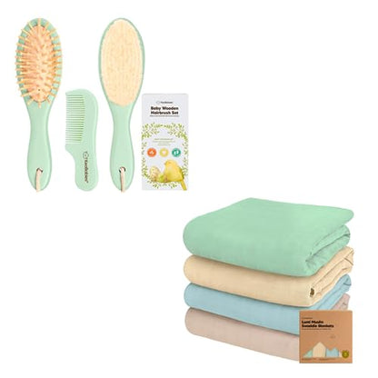 KeaBabies Baby Hair Brush and Comb Set and 4-Pack Muslin Swaddle Blankets for Boys, Girls - Wooden Kids Hairbrush with Soft Goat Bristle, Infant Blankets