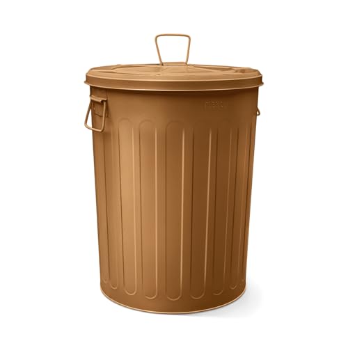 Plexon 20 Gallon Metal Trash Can with Lid Outdoor Large Trash Bin Steel Garbage Can for Garage Patio Farmhouse Bucket Bird Seed Storage Can Heavy Duty Round Container, Brown - color: Brown