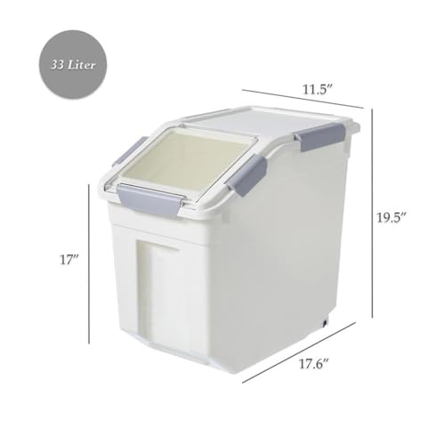 HANAMYA 32.5 Liter / 35 lbs Pet Food Storage Container with Measuring Cup, BPA free, For Dog Food | Cat Food | Rice | Grain | Flour, White & Gray, 1 count