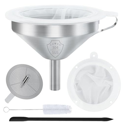 Kitchen Bottling Funnel, 5-inch 304 Stainless Steel Funnel | Funnel with Filter for Conveying Oil,Juice, Wine and Milk, Equipped with Silicone Scraper and 100 Mesh 200 Mesh Filter