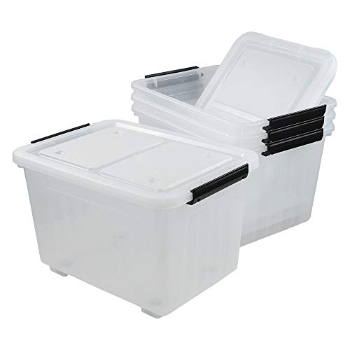35 Quart Plastic Wheeled Storage Bin, 4 Pack Latching Storage Box | Clear Material, Stackable - size: 35 Quart