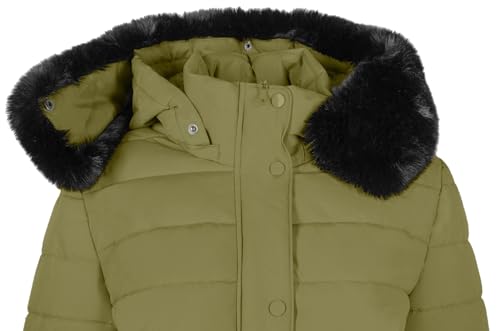 BodiLove Women's Fur Hooded Thickened Jacket with Fleece Lining - color: Light Olive Hip-length, size: Medium