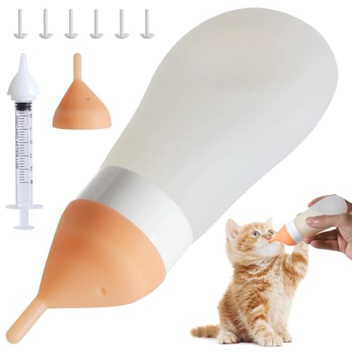 Silicone Kitten/Puppy Feeding Bottle, Squeezable, 3.2oz White | Soft silicone squeezes to control flow. Anti-choke vent. Kit includes syringe, extra nipples, needles for safe feeding.