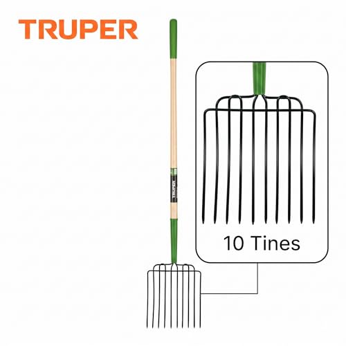Truper Tru Tough 10-Tine Manure and Bedding Fork, 54-Inch Premium Ash Wood Handle, Forged Steel Head, Heavy-Duty Agricultural & Stable Tool (Model BPJ-10L / 30331)