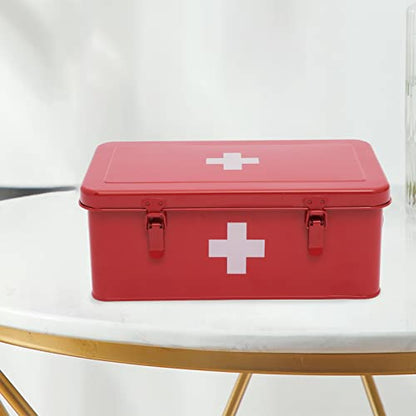 First Aid Medicine Box, First Aid Kit Supplies Bin, Metal Medicine Storage Tin, First Aid Empty Box with Safety Lock for Home Emergency Tool Set-Red - color: Red