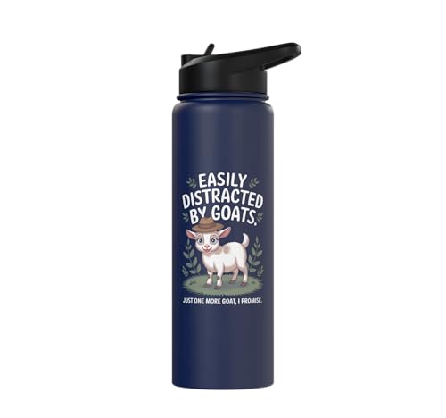Easily Distracted by Goats Cute Coat Pygmy Goat Farmer Stainless Steel Insulated Water Bottle - color: Navy Blue