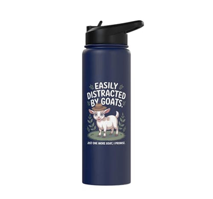 Easily Distracted by Goats Cute Coat Pygmy Goat Farmer Stainless Steel Insulated Water Bottle - color: Navy Blue