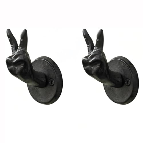 Heavy Duty Black Cast Iron Wall Hooks, 2 Pack, Peace Sign Hand Shape Wall Mounted Hangers, Sturdy Coat Hooks for Entryway, Bathroom, Bedroom, for Towels, Robes, Keys, Hats, Bags - color: Victory