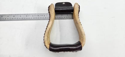 Western Rawhide Covered Horse Riding Stirrups, Pair | Wide Saddle Stirrup, 3" Neck, Leather Wrapped, Equestrian Tack